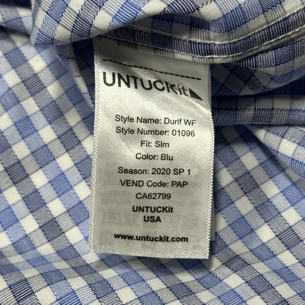 UNTUCKit Durif WF Mens Large Slim Fit Blue Gingham Wrinkle Free Button Down - Picture 7 of 8